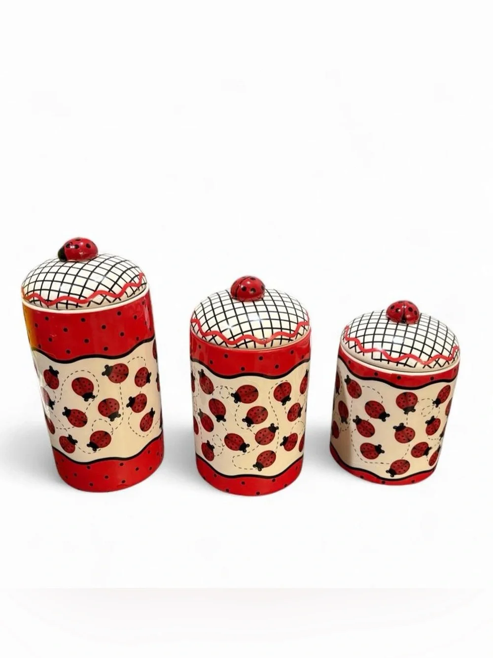 Vintage Ladybug Kitchen Canisters Set 3 Pc Ceramic Storage Jars Cottagecore